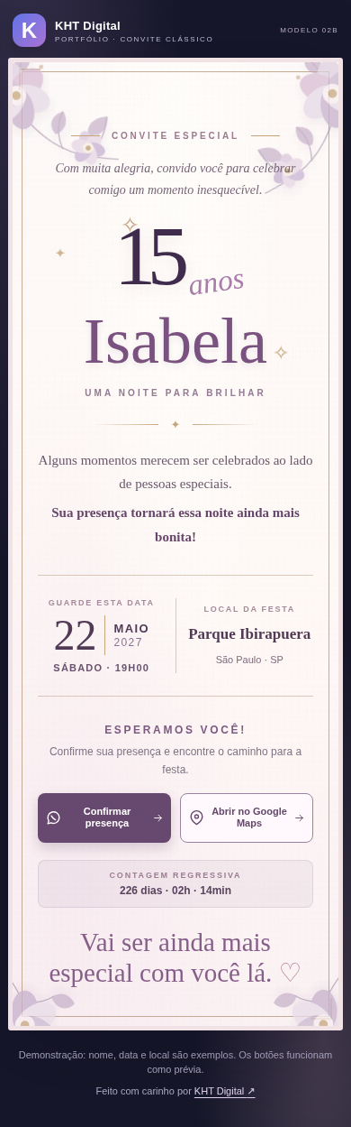 Captura real do convite clássico lilás de 15 anos
